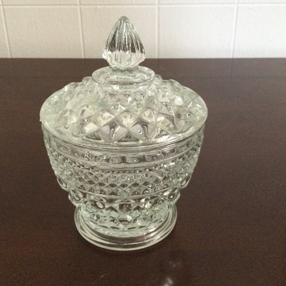 Vintage Cut Glass clear Canister jar with lid diamond pattern beautiful